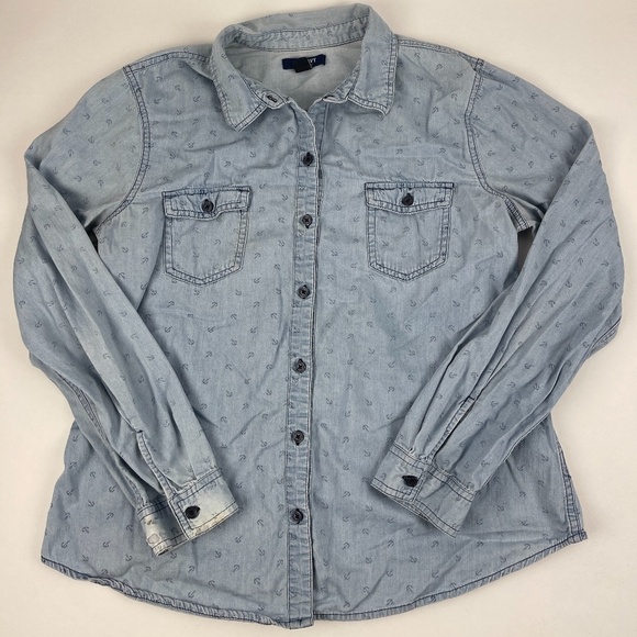Old Navy Button Up Shirt Womens Large Blue Denim Pockets - Picture 1 of 11